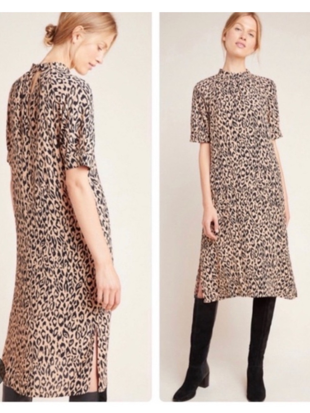 Anthropologie MacKenzie Leopard Print Midi Dress XS Short Sleeve Keyhole Slit